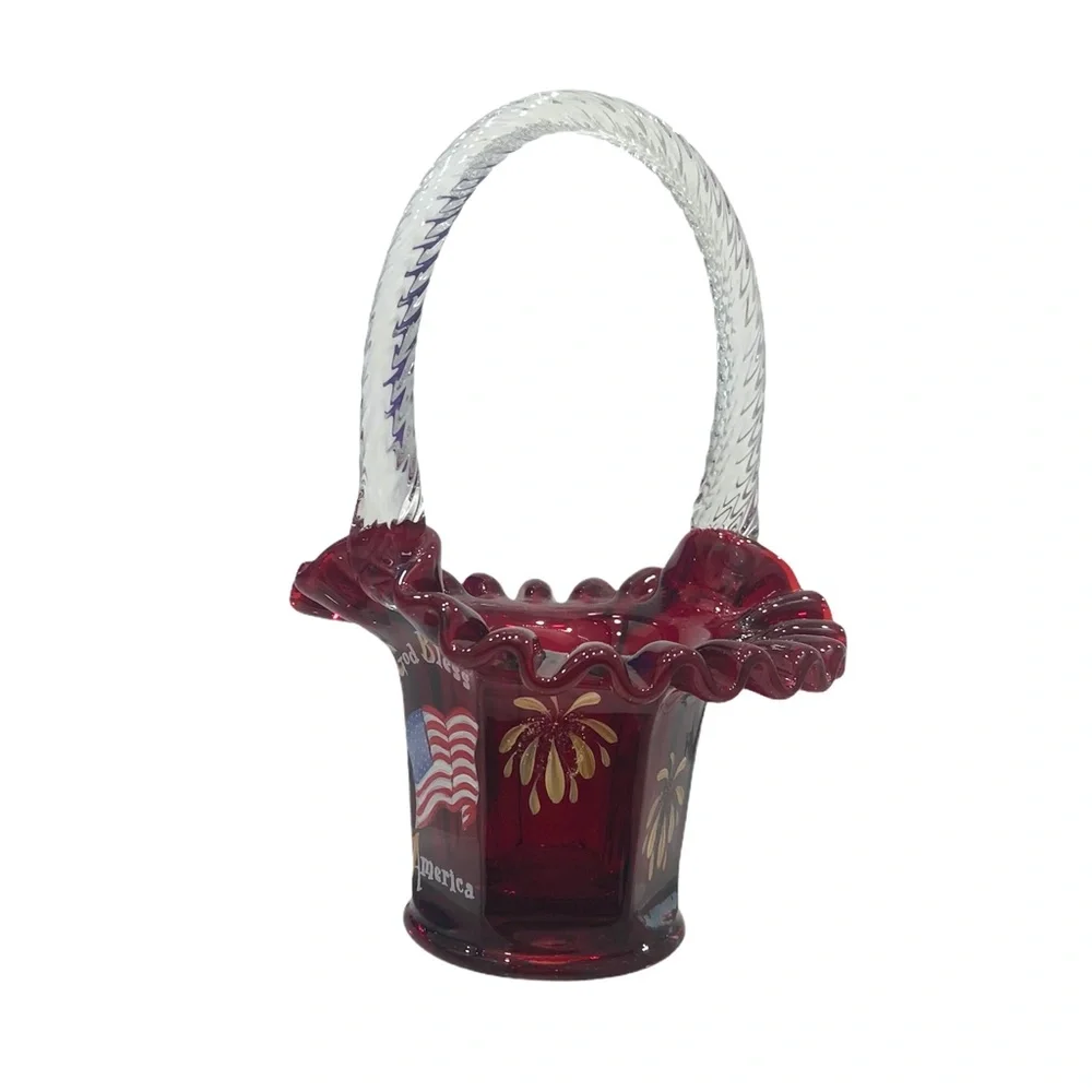 FENTON GOD BLESS AMERICA HAND PAINTED PATRIOTIC RED GLASS BASKET